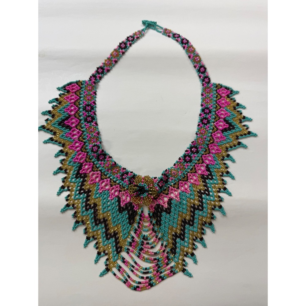 Statement Necklace Handmade Pink Teal Artisanal Beaded New